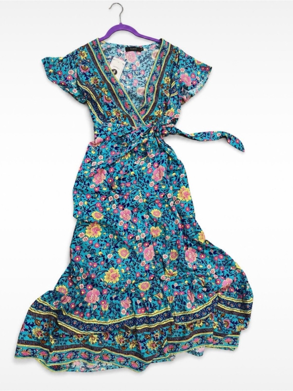 Zesica Turquoise Blue Boho Floral Wrap
Maxi Dress - Size XS NWT